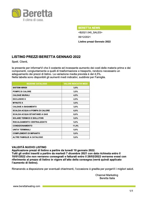Beretta - Lista de precios Aumento Prezzi -10 Gennaio 2022-