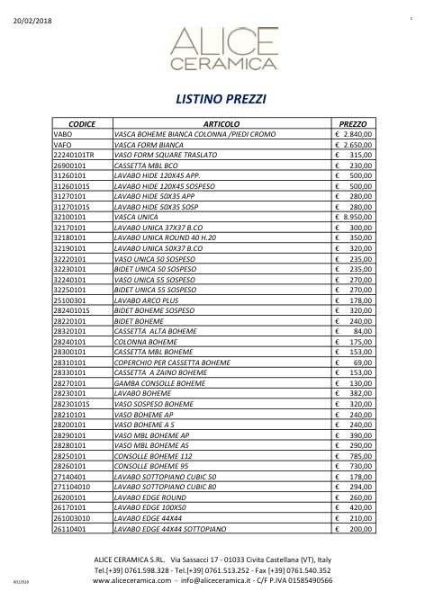 Alice Ceramica - Listino prezzi Design 2018