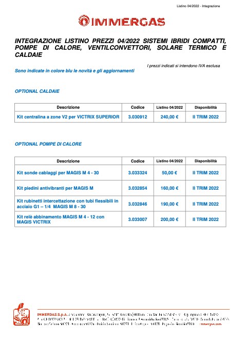 Immergas - Price list Integrazione listino 04/2022