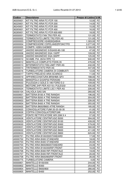 Accorroni - Price list Ricambi 01.07.2013