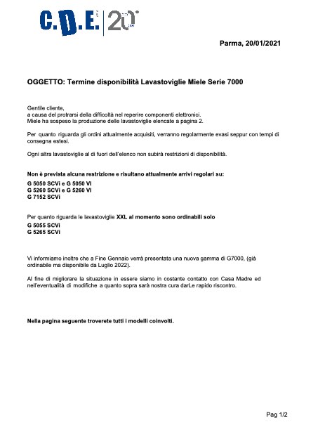 C.D.E. Centro Ducale Elettrodomestici da incasso - Каталог Termine disponibilità lavastoviglie Serie 7000