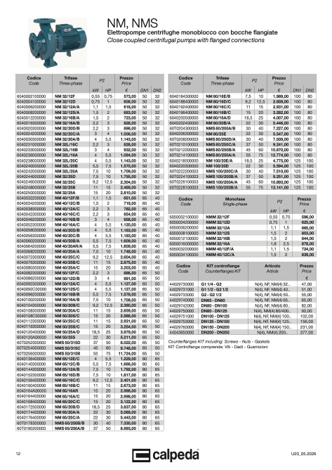 Calpeda - Price list 50Hz U20 Settembre 2026