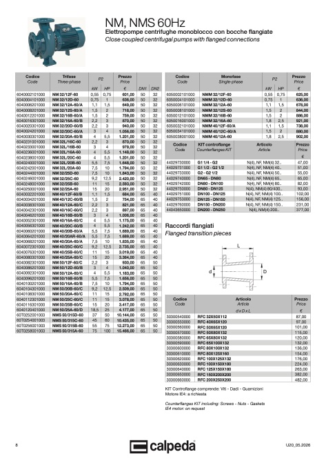 Calpeda - Price list 60Hz U20 Settembre 2026